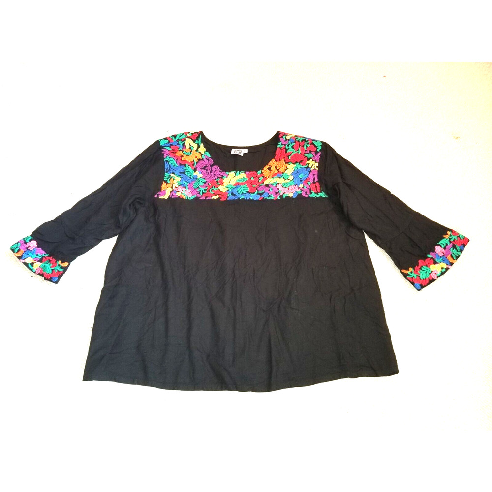 Womens Top-PARSLEY & SAGE-black floral embroidered BOHO peasant tunic 3/4 slv-2X